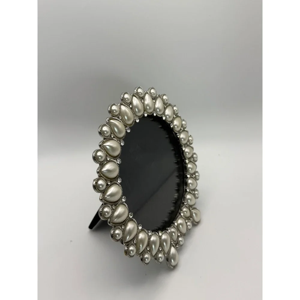 Decorative Jeweled Picture Frame‎ Pearl Rhinestone Ornate Tabletop Silver Tone